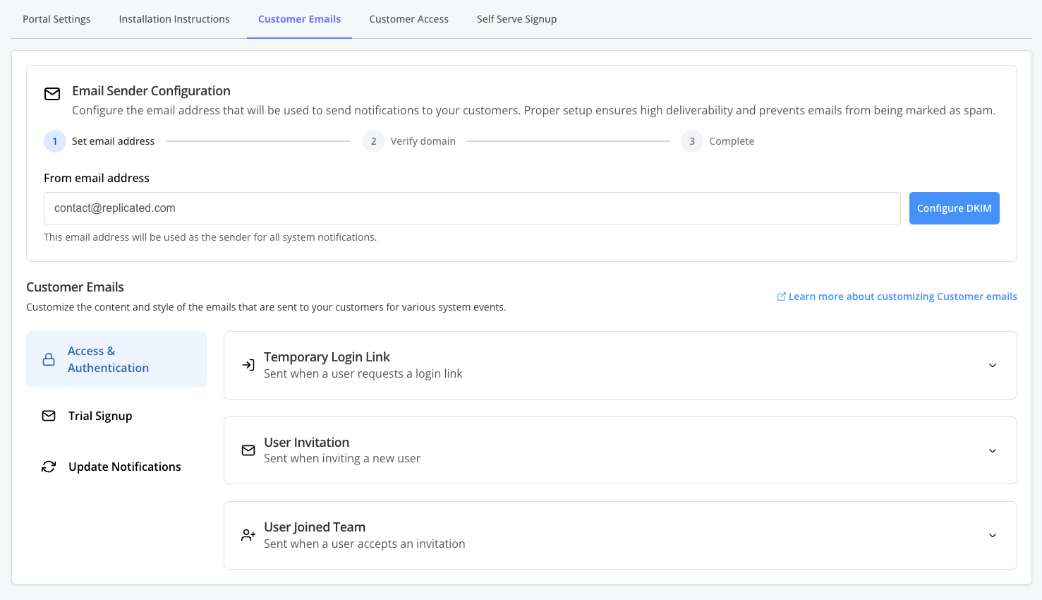 Enterprise Portal customer emails page